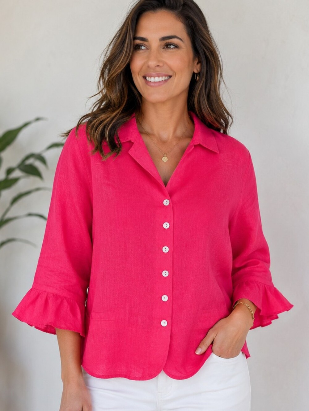 Talbots Blouse/Jacket Irish Linen Bright Pink Ruffle Hem Sleeves 18WP Coastal
